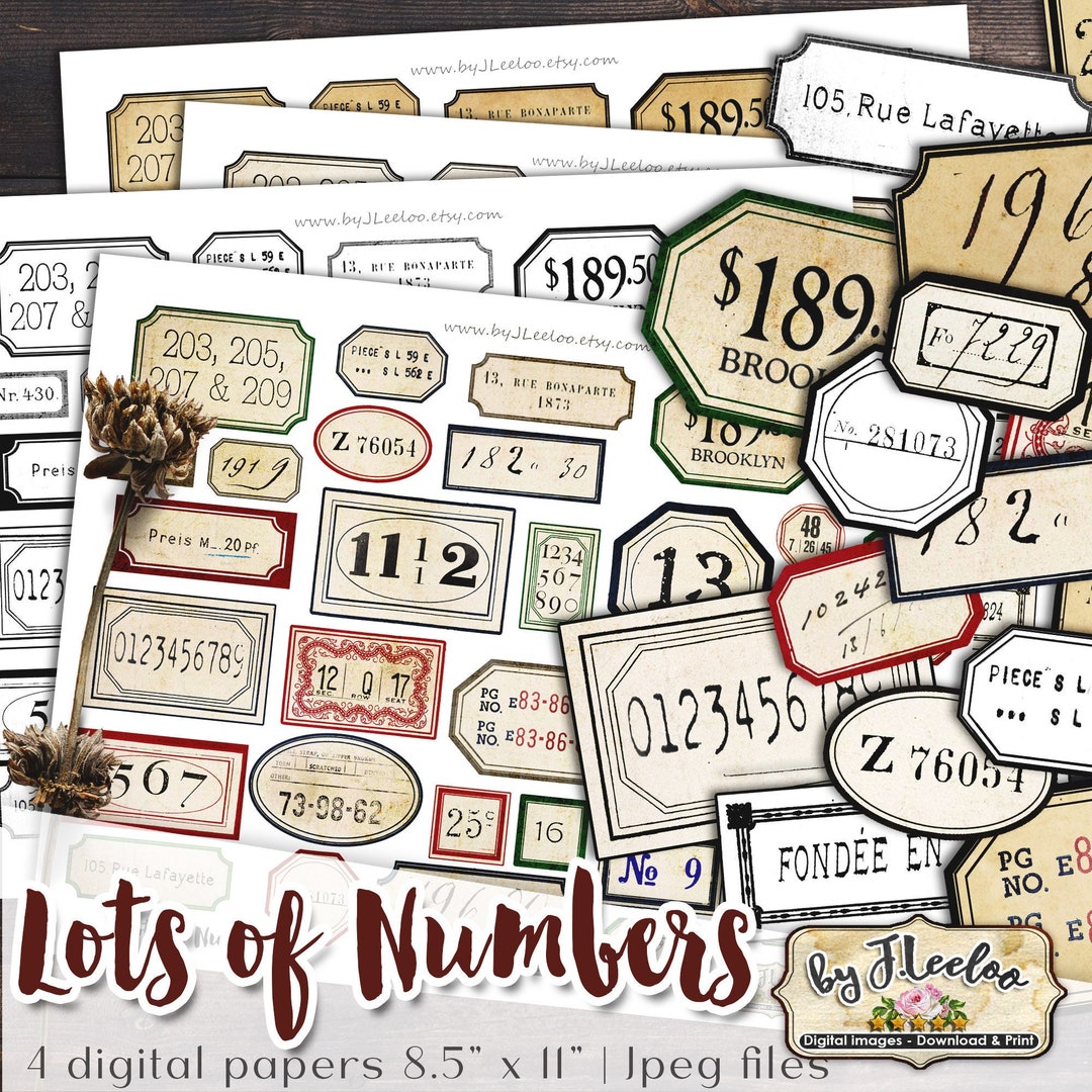 LOTS OF NUMBERS Labels Kit Printable Vintage Ephemera Junk Journal