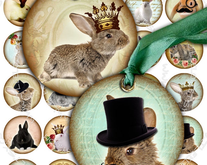 Digital paper CIRCLES RABBIT 1.5 inch circle mustache monocle top hat vintage romantic for pendant craft instant download printable tn127