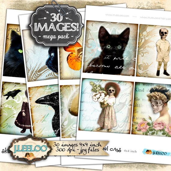 Digital collage SKULLS AND CATS 4x4 inch square ghotic coaster greeting cards card making day dead instant download printable qu409