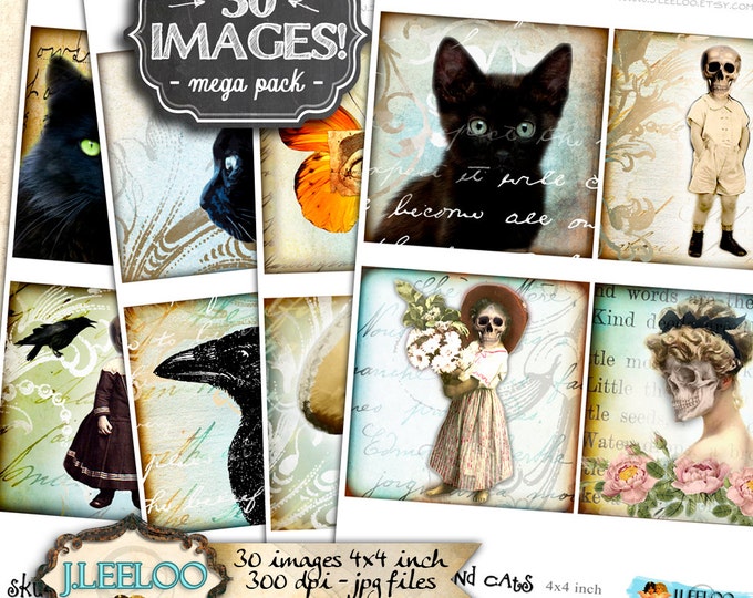 Digital collage SKULLS AND CATS 4x4 inch square ghotic coaster greeting cards card making day dead instant download printable qu409
