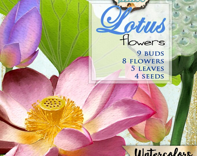 Digital watercolors clipart LOTUS FLOWERS png jpg for scrapbooking invitations labels cards papers instant hand painted wa101