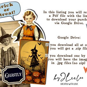 Puede incluir: Una descarga digital de im&aacute;genes vintage de Halloween. Las im&aacute;genes muestran una bruja, una ni&ntilde;a con un disfraz de bruja y una ni&ntilde;a con un disfraz de bruja sosteniendo una calabaza. El texto "trick or treat!" est&aacute; en un globo de di&aacute;logo. El texto "GHASTLY" est&aacute; en un cartel. El texto "Google Drive: if you download all at once you will get a .zip file if you download one by one you will have the images in .jpg files (no zip) by Heeloo CREATED WITH LOVE" est&aacute; en la imagen.