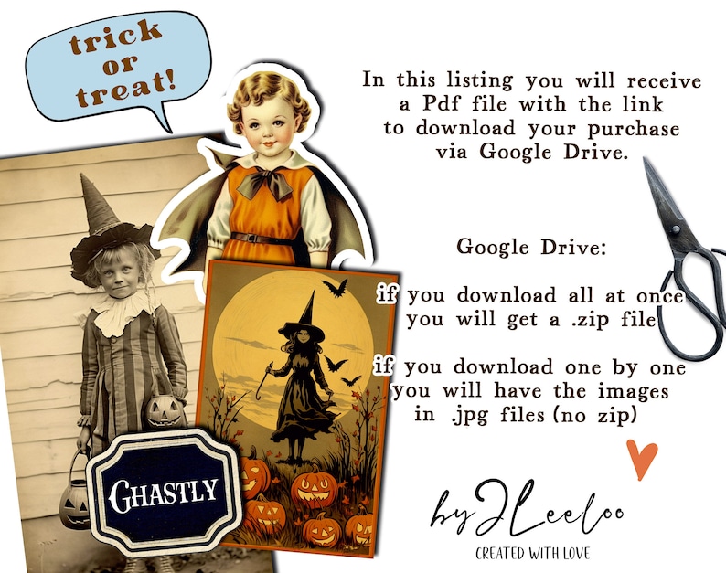 Puede incluir: Una descarga digital de im&aacute;genes vintage de Halloween. Las im&aacute;genes muestran una bruja, una ni&ntilde;a con un disfraz de bruja y una ni&ntilde;a con un disfraz de bruja sosteniendo una calabaza. El texto "trick or treat!" est&aacute; en un globo de di&aacute;logo. El texto "GHASTLY" est&aacute; en un cartel. El texto "Google Drive: if you download all at once you will get a .zip file if you download one by one you will have the images in .jpg files (no zip) by Heeloo CREATED WITH LOVE" est&aacute; en la imagen.
