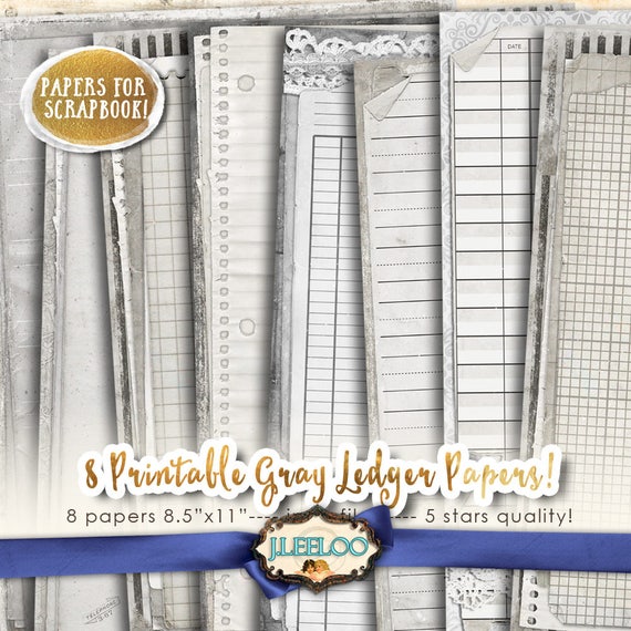 GRAY LEDGER 8 digital papers journal scrapbook diary art bookmaking page stationery background invited instant download printable  pp407