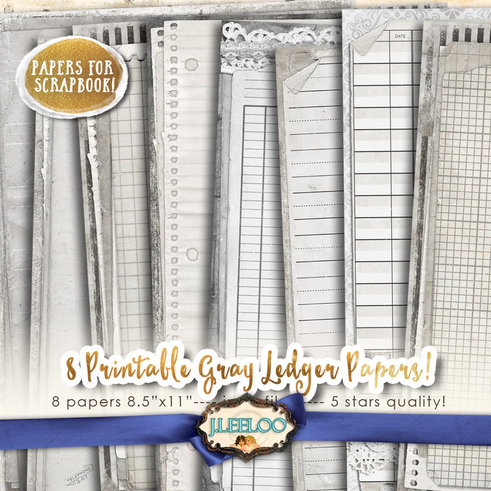 GRAY LEDGER 8 digital papers journal scrapbook diary art bookmaking page stationery background invited instant download printable  pp407