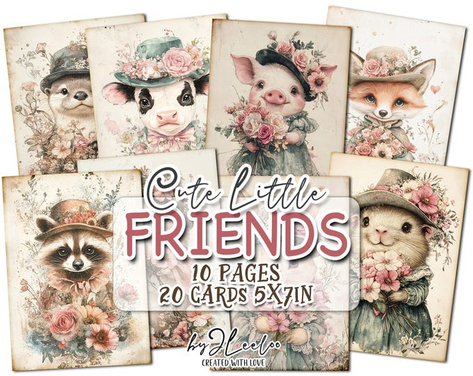 CUTE LITTLE FRIENDS 5x7 inch junk journal supplies | Shabby chic ephemera pink vintage card making | scrapbook children postcard | pp831