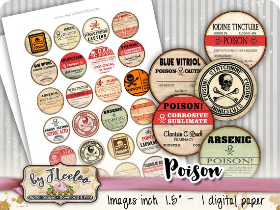 Digital paper POISON 1.5 inch circle goth apothecary labels arsenic magnet stickers mirrors pendant instant download printable tn593