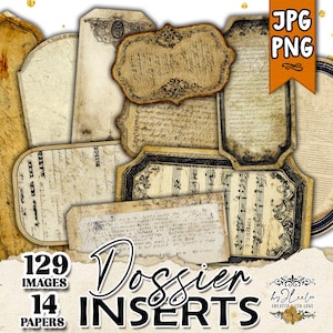 Puede incluir: Una colección de efímeras de papel de estilo vintage, que incluye etiquetas, rótulos e insertos con texturas envejecidas y escritura a mano. La imagen incluye el texto "Dossier Inserts", "129 Images" y "14 Papers". La paleta de colores es sepia y crema.