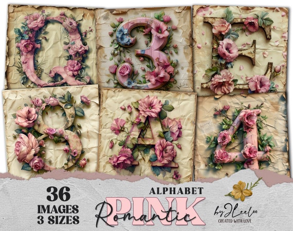 ROMANTIC PINK ALPHABET printable letters 3 sizes | coaster paper craft junk journal digital ephemera | victorian roses vintage card | qu612