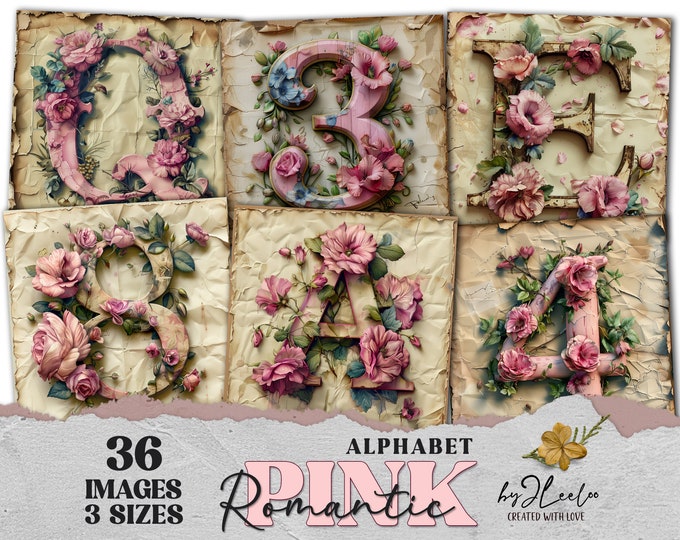 ROMANTIC PINK ALPHABET printable letters 3 sizes | coaster paper craft junk journal digital ephemera | victorian roses vintage card | qu612