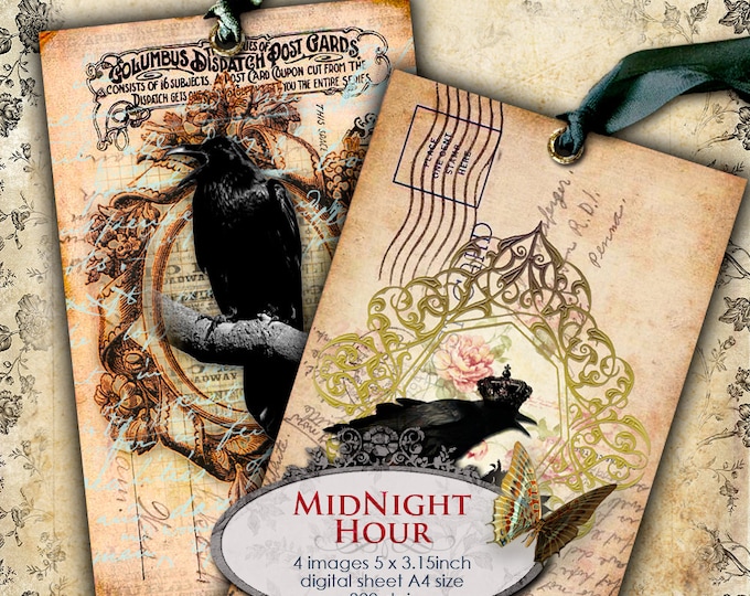 MIDNIGHT HOUR 5x3 inch old postcard size digital black raven paper gothic scrapbook Digital collage sheet instant download printable pp119