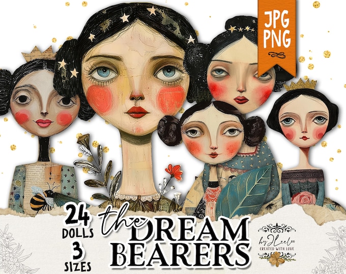 THE DREAMBEARERS Whimsical Paper Dolls | Printable Png Jpg | Junk Journal Scrapbooking Cardmaking Craft Clipart Fussy Cut | cl201