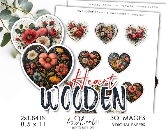 WOODEN HEART 2x1.84 in Fussy Cut printable | Valentine clipart supplies for labels, journal, scrapbooking, sticker Cottagecore art | tn760