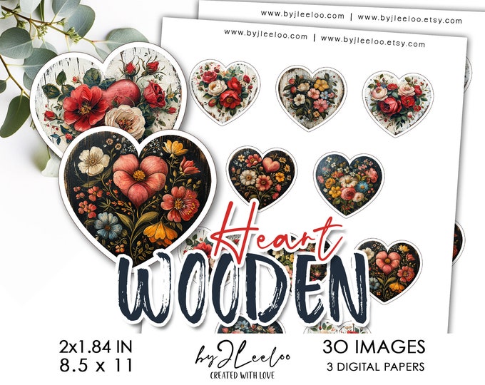 WOODEN HEART 2x1.84 in Fussy Cut printable | Valentine clipart supplies for labels, journal, scrapbooking, sticker Cottagecore art | tn760