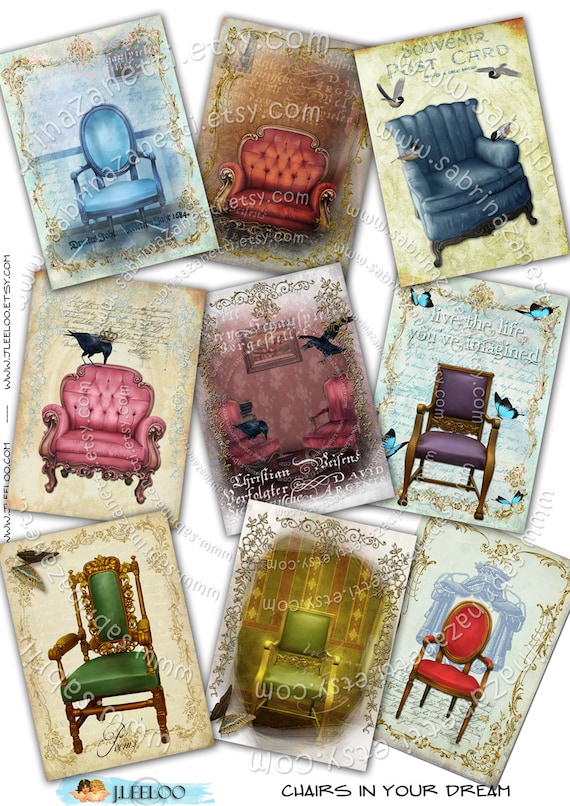 CHAIRS in YOUR DREAM printable atc size Digital collage sheet background hang tag instant download background vintage ephemera ac123