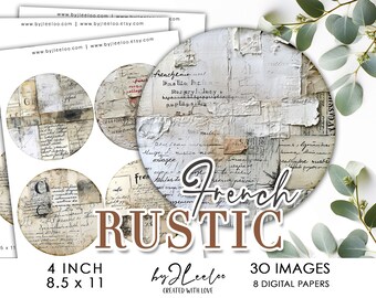 FRENCH RUSTIC 4 inch circle printable | Background Collage supplies for coaster decoration mirror sticker | junk journal digital art | tn745