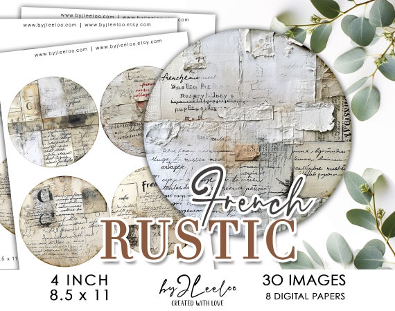 FRENCH RUSTIC 4 inch circle printable | Background Collage supplies for coaster decoration mirror sticker | junk journal digital art | tn745