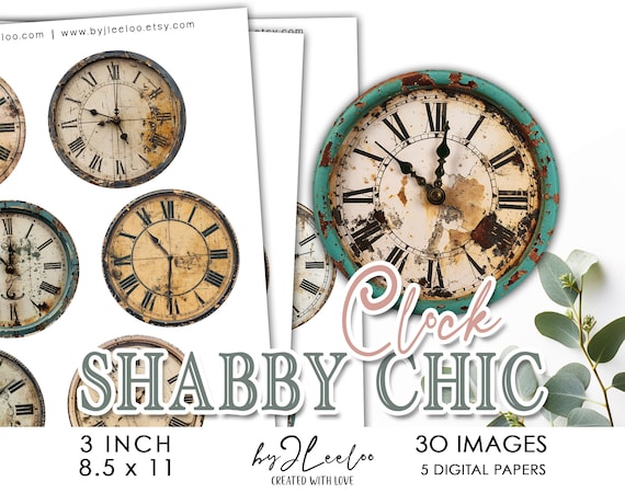 SHABBY CHIC CLOCK 3 inch printable | Vintage ephemera fussy cuts supplies mirror magnet pin journal | Digital Art Digital Download | tn780