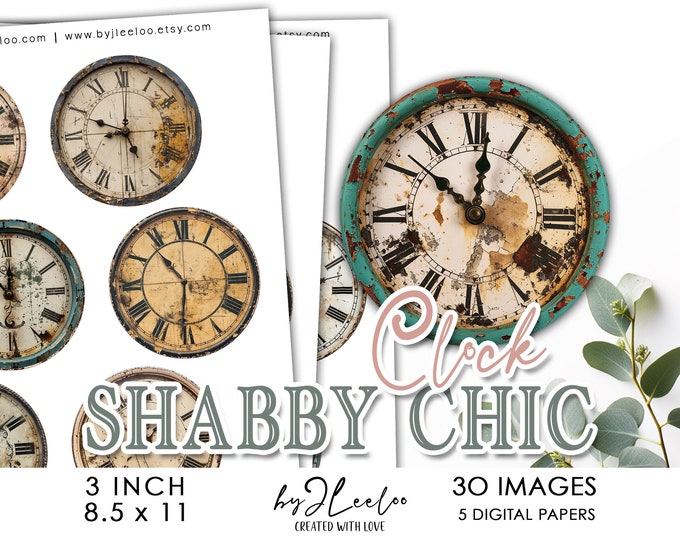 SHABBY CHIC CLOCK 3 inch printable | Vintage ephemera fussy cuts supplies mirror magnet pin journal | Digital Art Digital Download | tn780