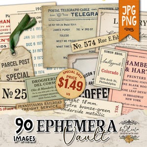 EPHEMERA VAULT 90 étiquettes PNG vintage, tags, billets + 12 feuilles Jpg • Imprimable éphémères pour scrapbooking, supports mixtes | p943