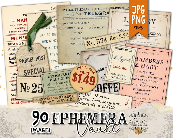 EPHEMERA VAULT 90 Vintage PNG Labels, Tags, Tickets + 12 Jpg Sheets • Printable Ephemera for Junk Journals Scrapbook Mixed Media | pp943