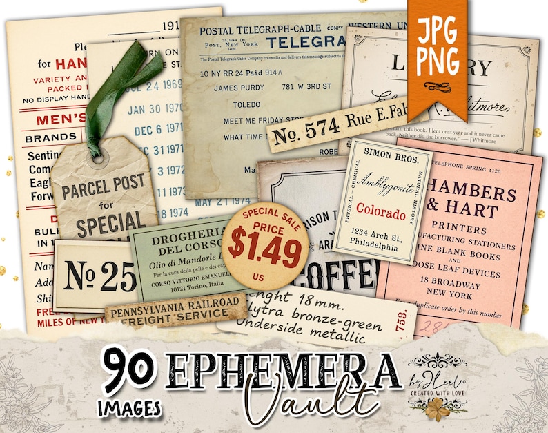 May include: A collage of vintage ephemera images, including receipts, labels, and tags. The assortment features a price tag with a price of $1.49, a tag with the words "Parcel Post for Special", and a label with the text "No. 25".