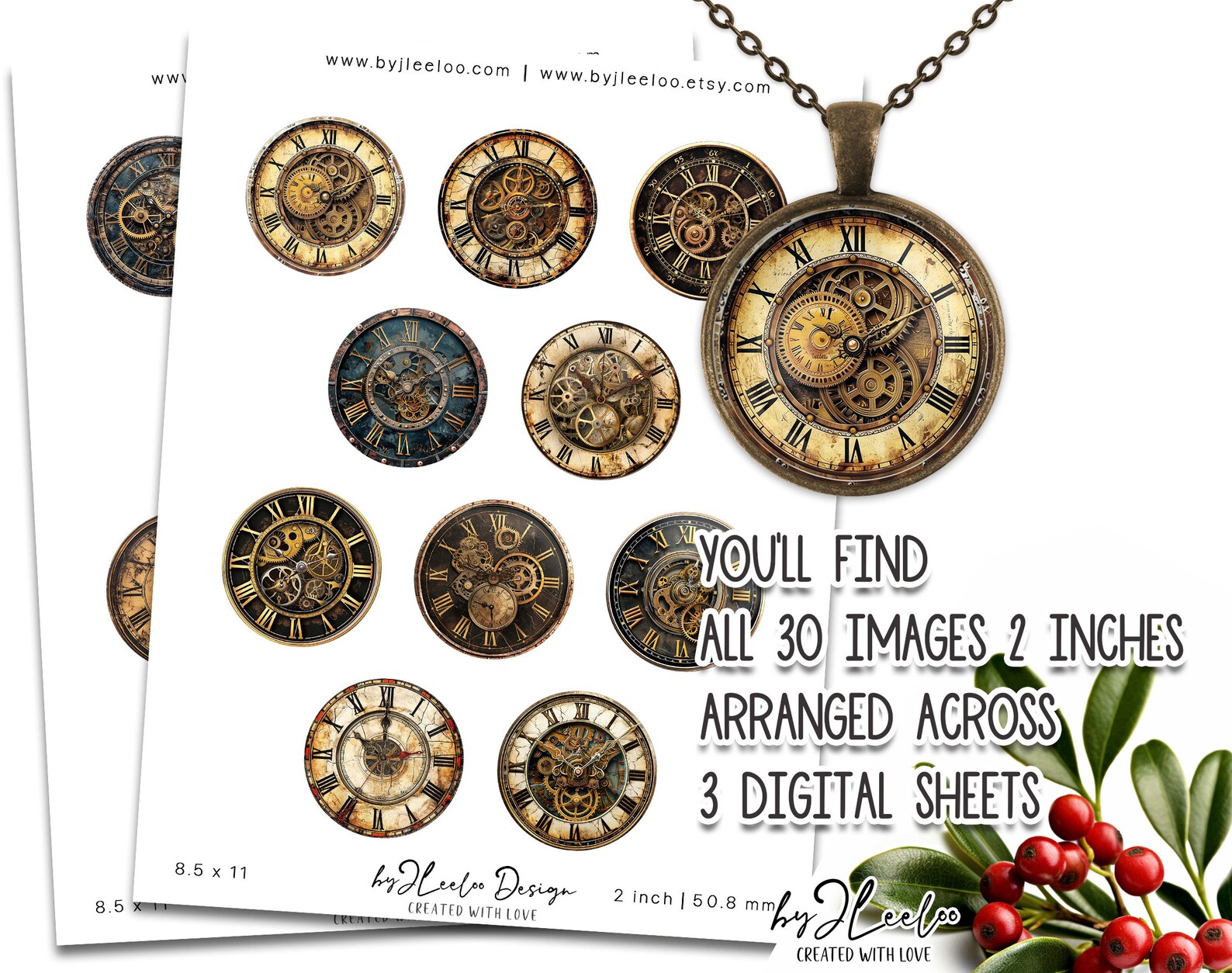 STEAMPUNK CLOCK 2 Inch Printable | Vintage Supplies Round Pendant ...
