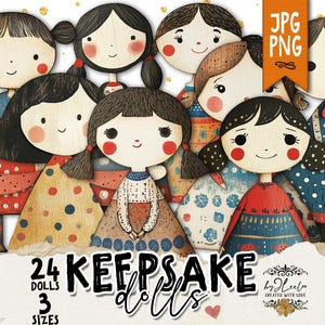 POUPÉES SOUVENIRS - 24 poupées en papier fantaisistes en 3 tailles | Clipart imprimable de style vintage | PNG + Jpg | Junk Journal & Craft Coupe soignée | p956