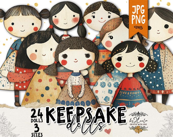 KEEPSAKE DOLLS - 24 Whimsical Paper Dolls in 3 Sizes | Vintage-Style Printable Clipart | Png + Jpg | Junk Journal & Craft Fussy Cut | pp956