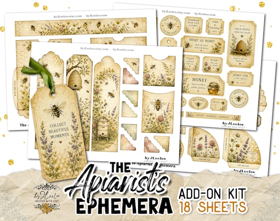 THE APIARIST’S EPHEMERA Bee Journal Ephemera Tags Labels Pockets Botanical Junk Journal Kit | ppK68