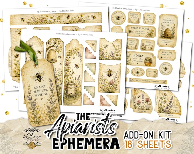 THE APIARIST’S EPHEMERA Bee Journal Ephemera Tags Labels Pockets Botanical Junk Journal Kit | ppK67