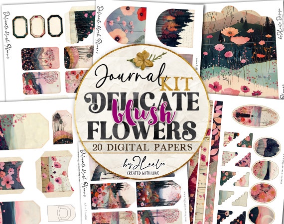 DELICATE Blush FLOWERS junk journal KIT printable | scrapbook label tag pocket ephemera supplies | Fussy cut card making collage | pp822
