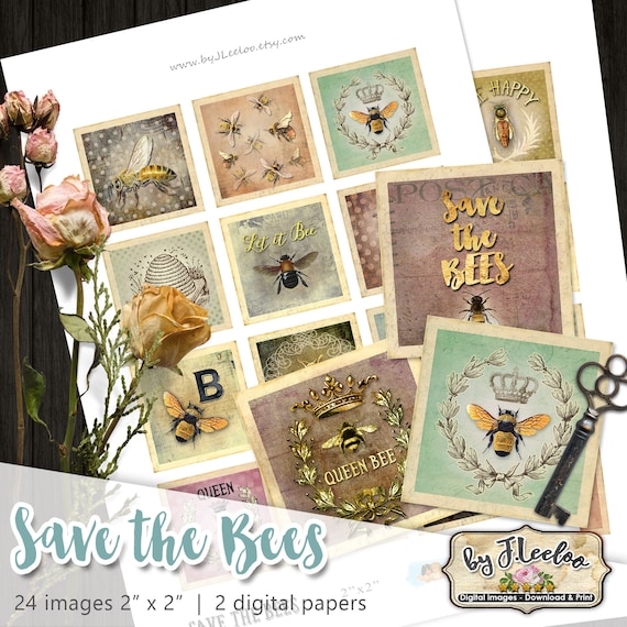 SAVE THE BEES 2 inch square royal bee vintage scrapbooking mirrors hang tags clipart magnet dot instant download printable qu536