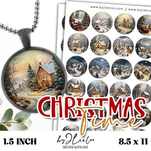 KERSTTIJD 1,5 inch afdrukbaar | Feestdagen Landschap Retro Victoriaanse ronde hangers Folk-omlijsting trays glazen cabochon montage camee | tn825