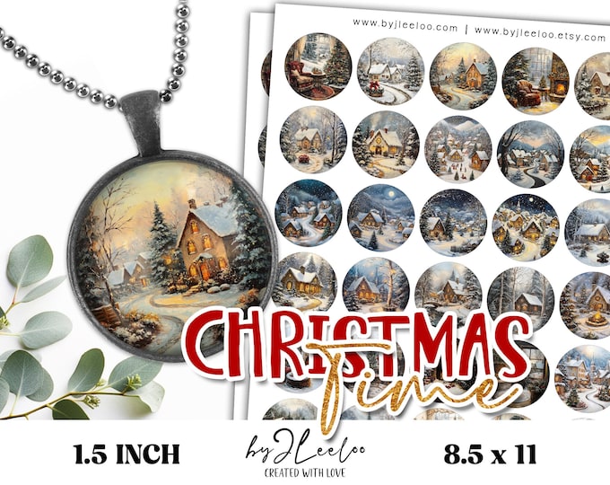 CHRISTMAS TIME 1.5 inch printable | Holidays Landscape Retro Victorian round pendants Folk bezel trays glass cabochon mounting cameo | tn825