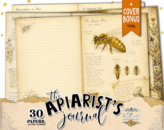 THE APIARIST’S JOURNAL Bee Junk Journal Pages Vintage Botanical Printable Beekeeping Ephemera Kit | ppK67