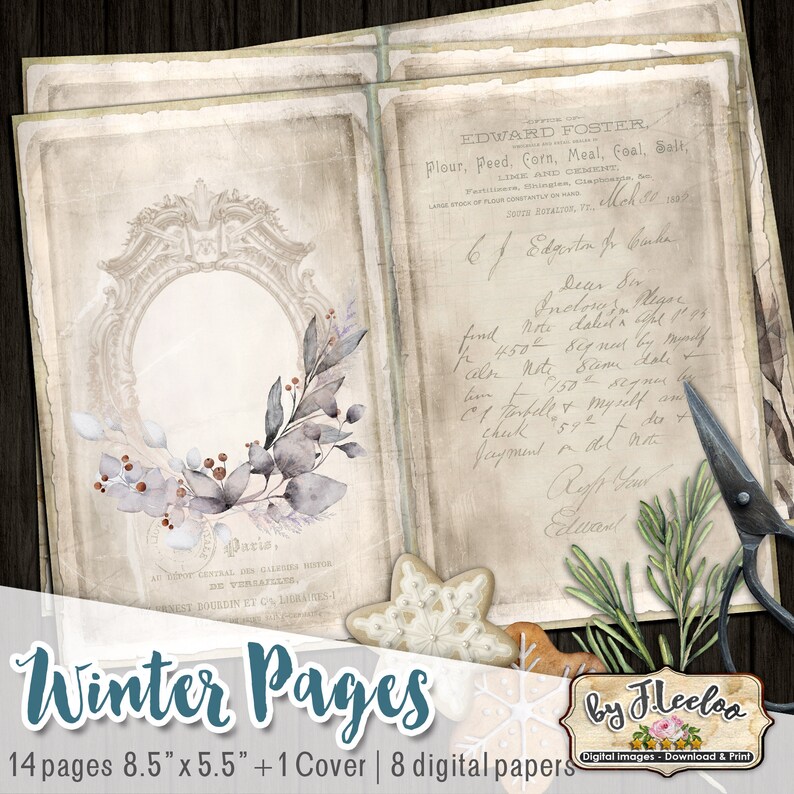 May include: Winter themed digital paper pack with 14 pages, 8.5 inches by 5.5 inches, and a cover. The digital papers feature a watercolor illustration of a wreath with blue and purple leaves and berries, a vintage letter, and a handwritten note. The text in the image reads "Winter Pages by J. Fleeloa".
