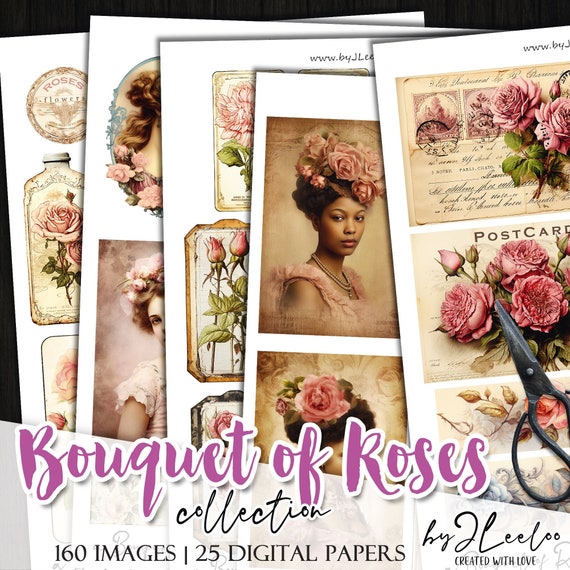 a BOUQUET of ROSES digital papers | Romantic Junk Journal ephemera for scrapbook | Shabby Chic floral | Fussy Cuts paper Printable | pp621