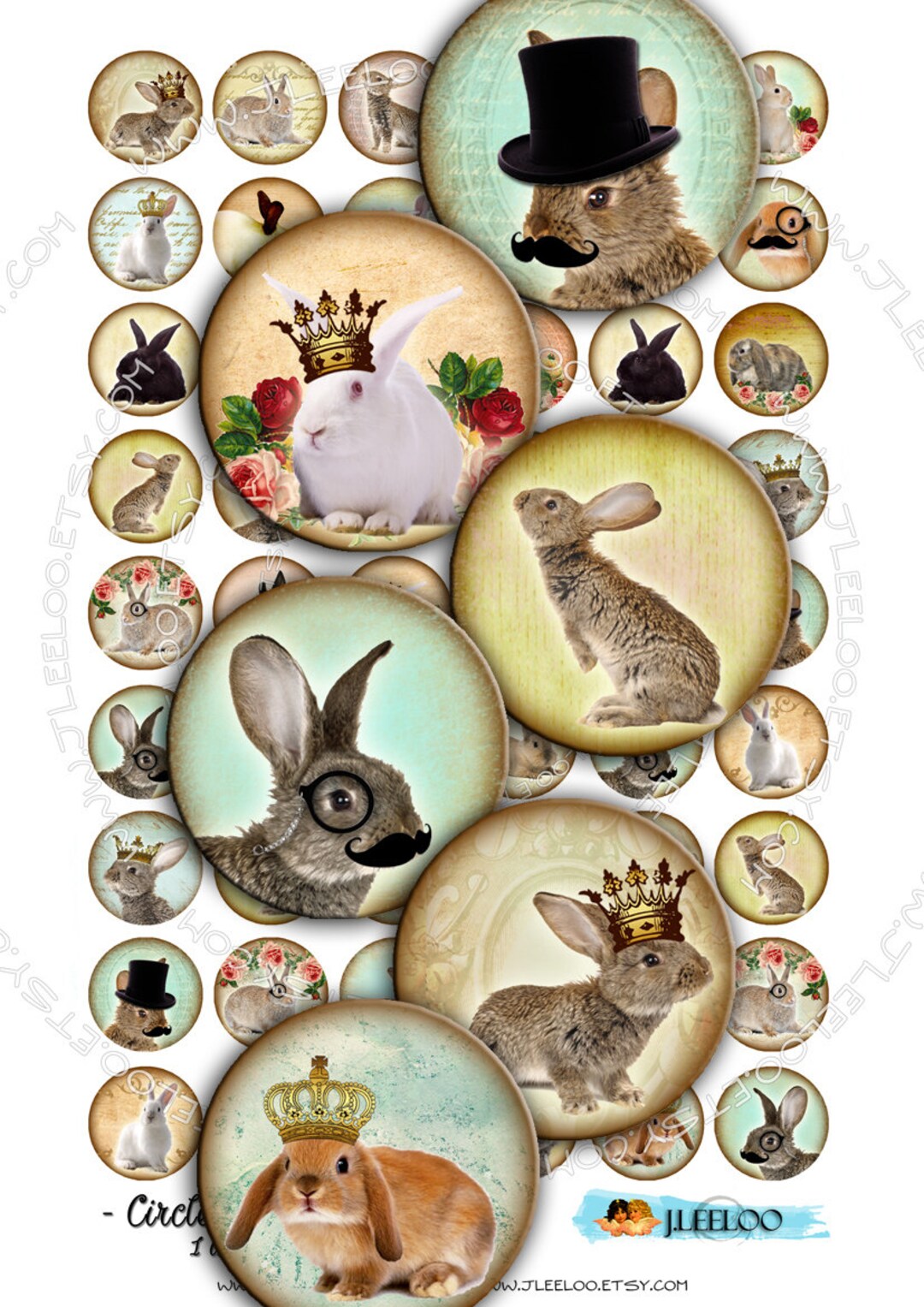 Digital Paper CIRCLES RABBIT 1 Inch Circle Mustache Monocle