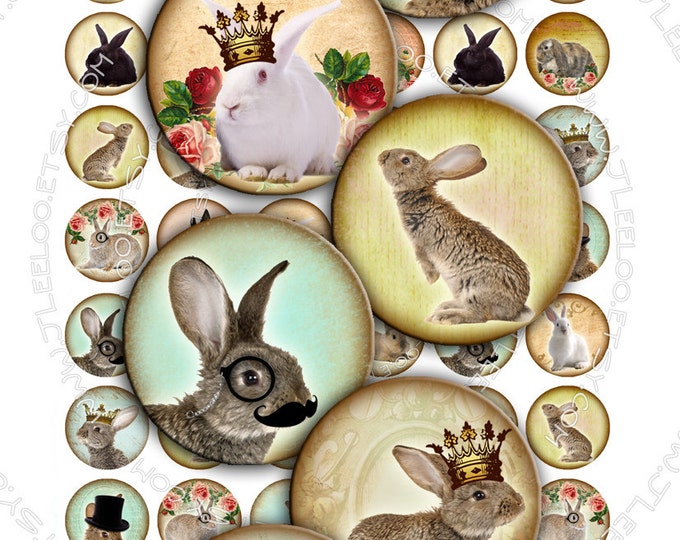 Digital paper CIRCLES RABBIT 1 inch circle mustache monocle top hat vintage romantic for pendant craft instant download printable tn126