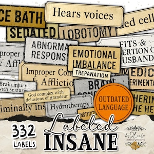 LABELED INSANE – 30 vintage geestelijke gezondheid vintage asiellabels voor ongewenste tijdschriften, griezelige kortstondige tags, afdrukbare psychiatrische woorden | tl334