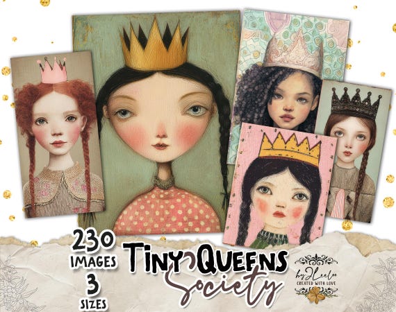 TINY QUEENS PORTRAITS – Printable painting illustration Sheets | Junk Journal Ephemera | jpg Collage Pages for Scrapbooking & Crafts | cp043