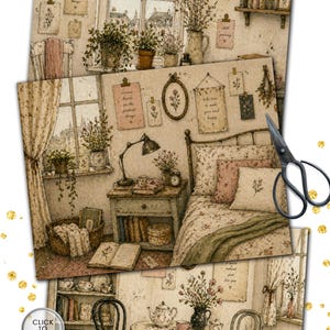 Puede incluir: Ilustraci&oacute;n en acuarela titulada "6 Lugares Errantes" con escenas de interiores con decoraci&oacute;n floral. La imagen incluye un dormitorio, un comedor y una pared con arte enmarcado. Las dimensiones son 27,9 x 21,6 cm.