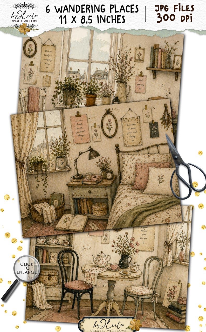 Puede incluir: Ilustraci&oacute;n en acuarela titulada "6 Lugares Errantes" con escenas de interiores con decoraci&oacute;n floral. La imagen incluye un dormitorio, un comedor y una pared con arte enmarcado. Las dimensiones son 27,9 x 21,6 cm.