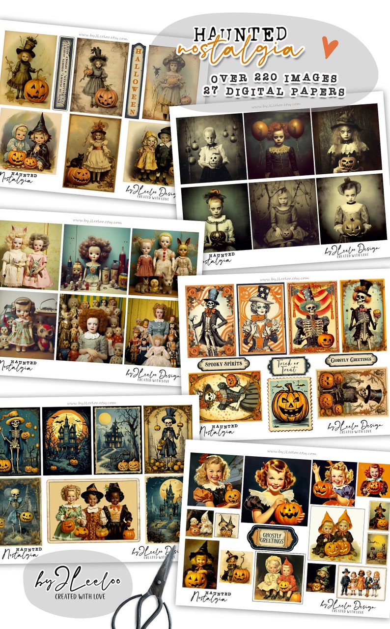 Puede incluir: Un paquete de papel digital con m&aacute;s de 220 im&aacute;genes y 27 papeles digitales con ilustraciones vintage de Halloween. Las im&aacute;genes incluyen ni&ntilde;os disfrazados, esqueletos, calabazas y casas encantadas. Los papeles digitales son perfectos para scrapbooking, creaci&oacute;n de tarjetas y otros proyectos de manualidades.