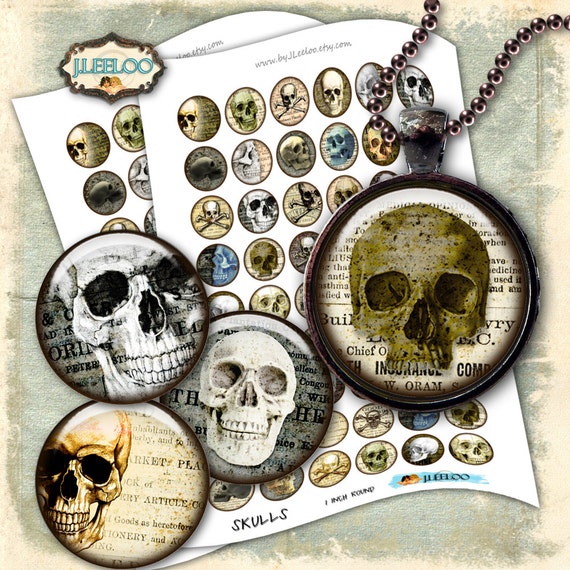 SKULLS 1 inch rounds for glass pendant bezel settings halloween printable download bottlecaps magnets digital collage sheet qu485