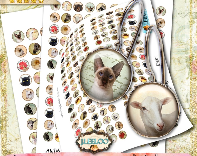 ANIMAL FRIENDS images Digital printable 12 16 20mm circle sheets earring ring size instant download digital for jewelry tn523