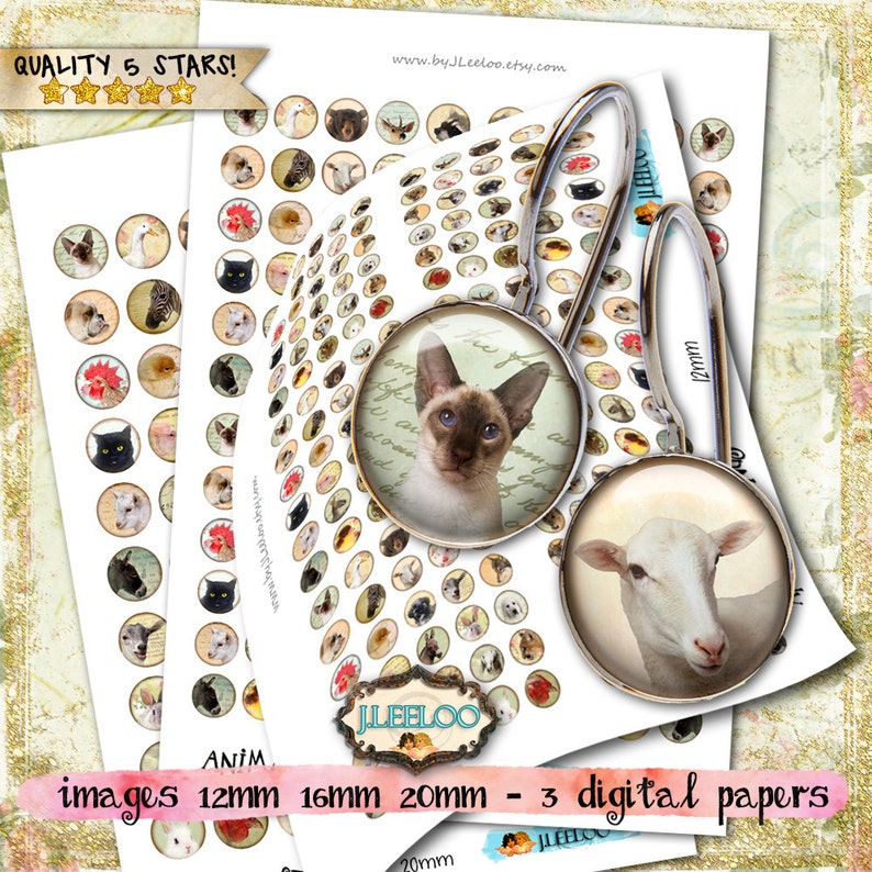 ANIMAL FRIENDS images Digital printable 12 16 20mm circle | Etsy