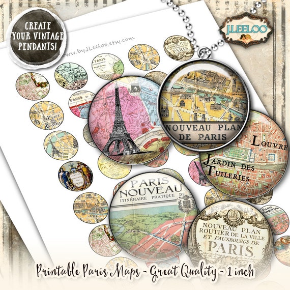 PARIS MAPS printable digital collage 1 inch circle paris france for resin pendant magnet jewelry instant download printable tn544