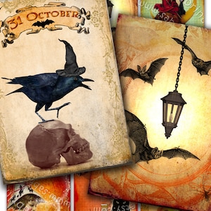 HALLOWEEN PARTY printable aceo size Digital collage sheet black cat owl skull crow witch instant download background vintage ac154
